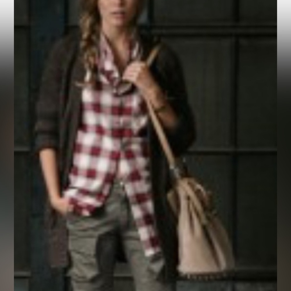 Vince Plaid Button Down cowl Shirt top blouse women L Red, brown cream boho Y2K